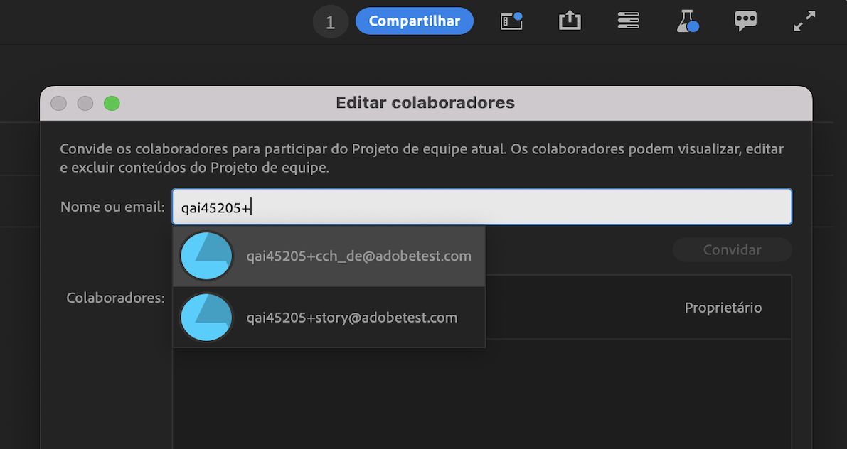 A interface mostra como adicionar colaboradores a um projeto usando a opção Compartilhar.