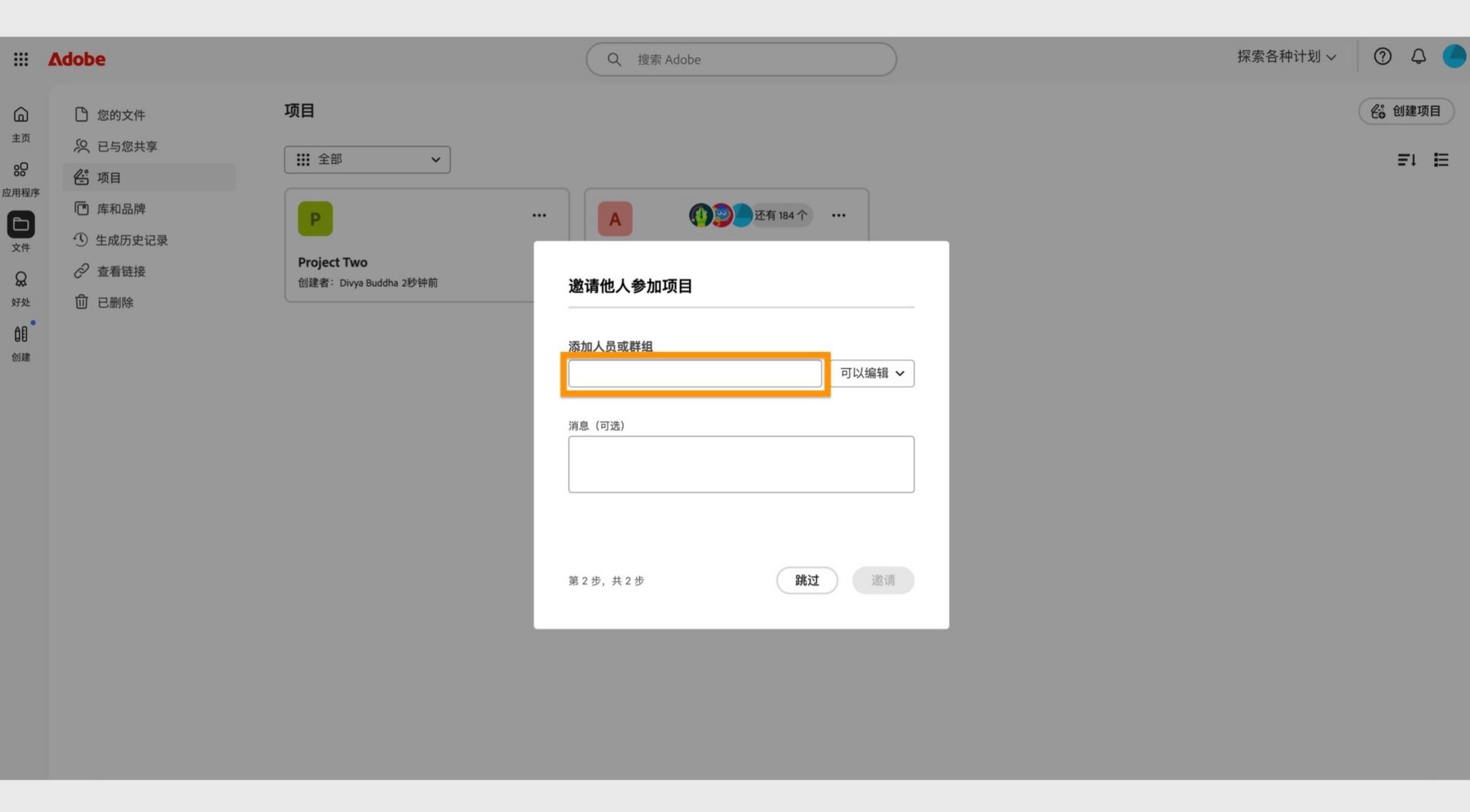 对话框中突出显示的“添加人员或组”区域，可供您与他人共享项目。 