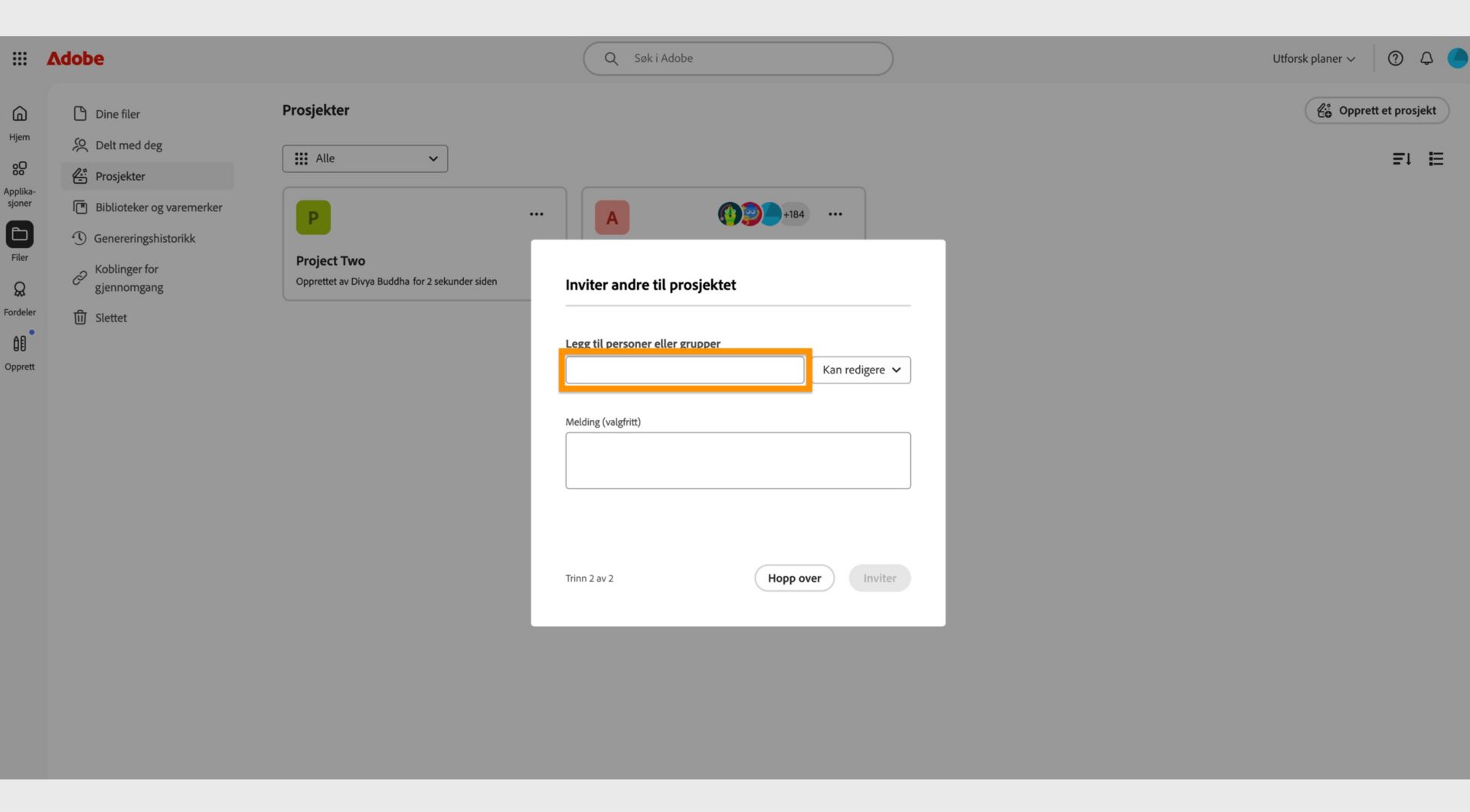 Området for å legge til personer eller grupper, som er uthevet i dialogboksen, lar deg dele prosjektet ditt med andre. 