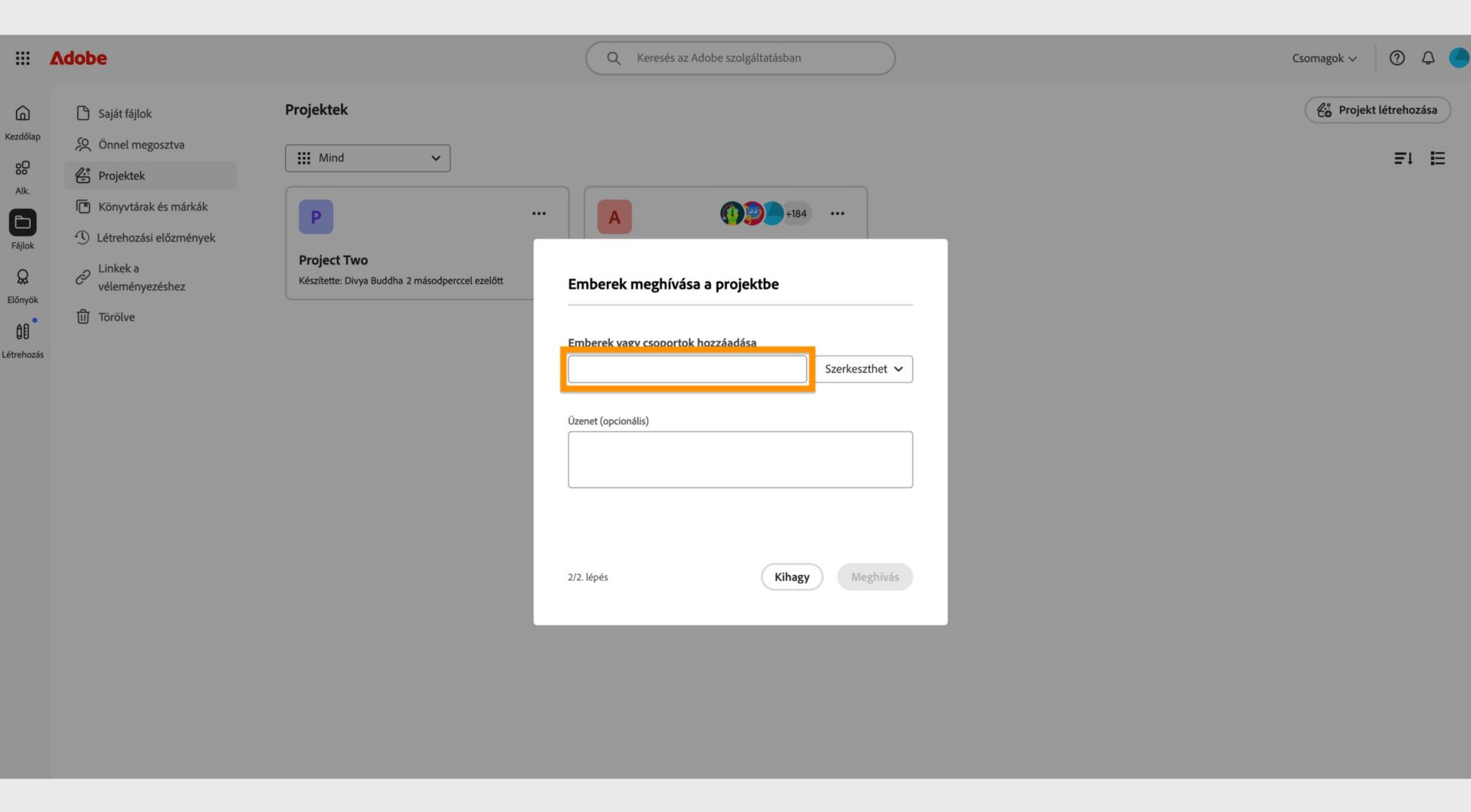 A párbeszédpanelen kiemelt személyek vagy csoportok hozzáadására szolgáló terület lehetővé teszi a projekt megosztását másokkal. 