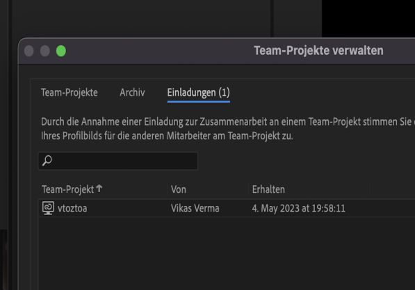 Über die Registerkarte „Einladungen“ im Dialogfeld „Team-Projekte verwalten“ können ausstehende Einladungen zur Zusammenarbeit angenommen oder abgelehnt werden.