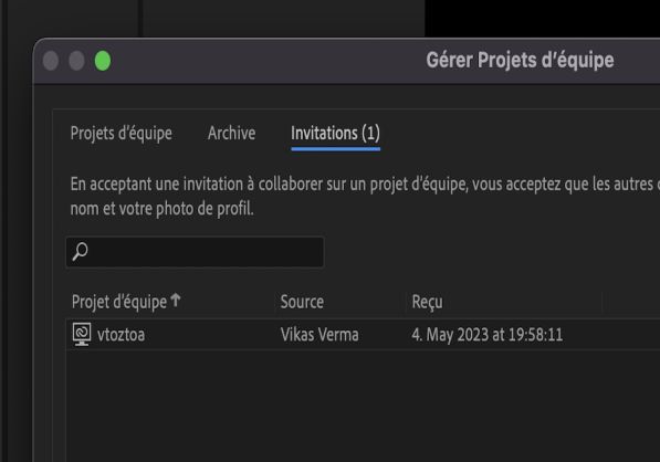 Onglet Invitations de la boîte de dialogue Gérer Team Projects pour accepter ou refuser les invitations en attente à collaborer.
