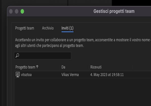 Scheda inviti nella finestra di dialogo Gestisci progetti team per accettare o rifiutare gli inviti a collaborare in attesa.