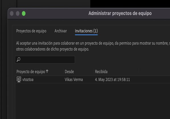 La pestaña Invitaciones del cuadro de diálogo Administrar proyectos de equipo para aceptar o rechazar invitaciones pendientes para colaborar.
