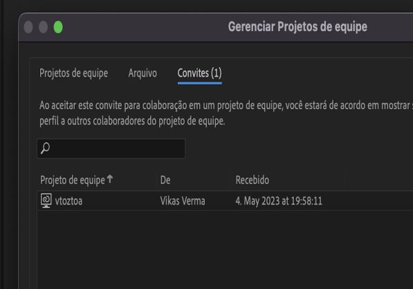 Guia Convites na caixa de diálogo Gerenciar projetos de equipe para aceitar ou recusar convites pendentes para colaborar.