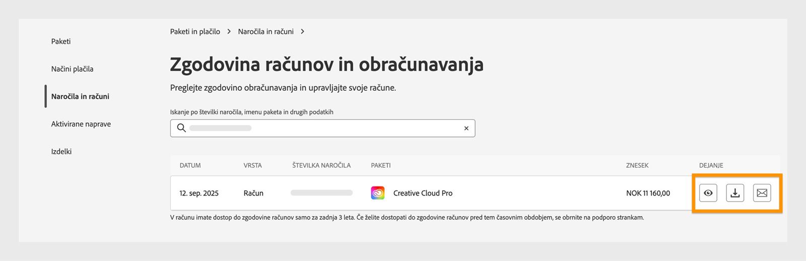 Okno z zgodovino računov in obračunavanja, kjer so označene ikone za ogled, prenos in e-pošto, ki so na voljo v meniju z dejanji.