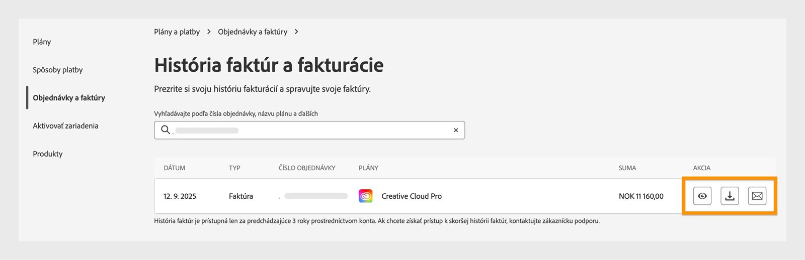 Okno História faktúr a fakturácie, kde sú zvýraznené ikony zobrazenia, stiahnutia a e-mailu dostupné v časti Akcia.
