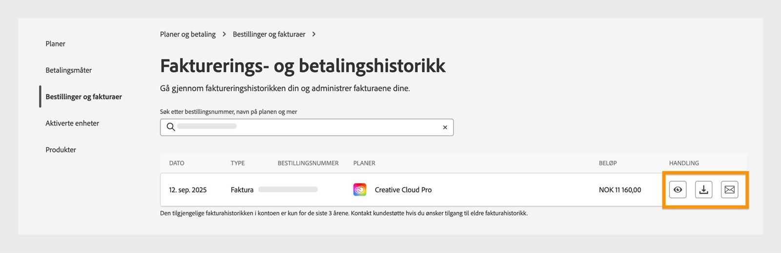 Vinduet Faktura- og fakturahistorikk, der ikonene for visning, nedlasting og e-post, som er tilgjengelige under Handling, er uthevet.