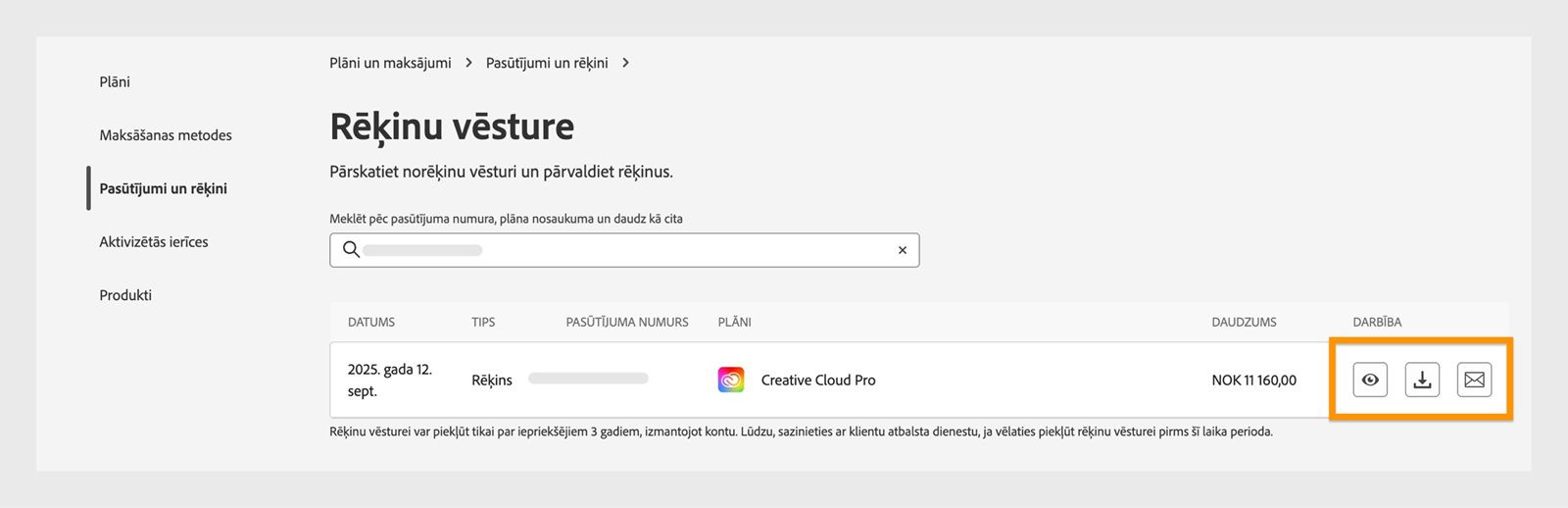 Rēķinu un norēķinu vēstures logs, kurā ir izceltas skatīšanas, lejupielādes un e-pasta ikonas, kas pieejamas sadaļā Darbība.