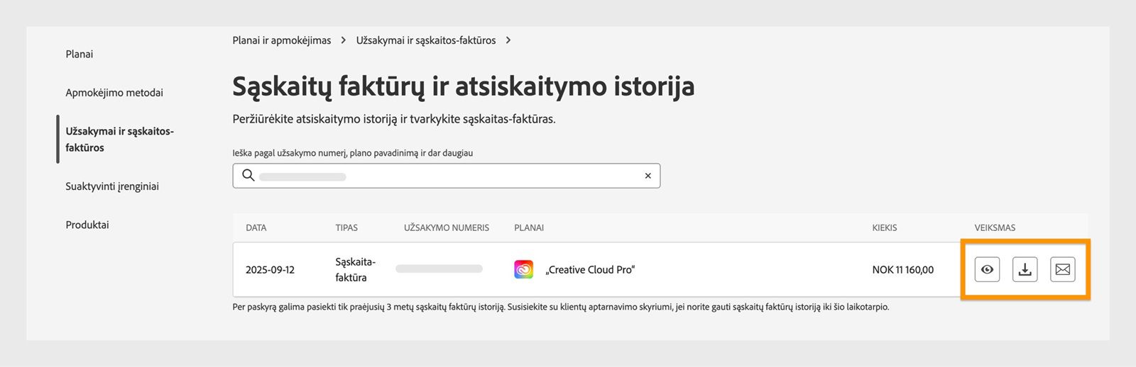 Sąskaitų faktūrų ir atsiskaitymo istorijos langas, kuriame paryškintos peržiūros, atsisiuntimo ir el. pašto piktogramos, esančios skiltyje „Veiksmas“.