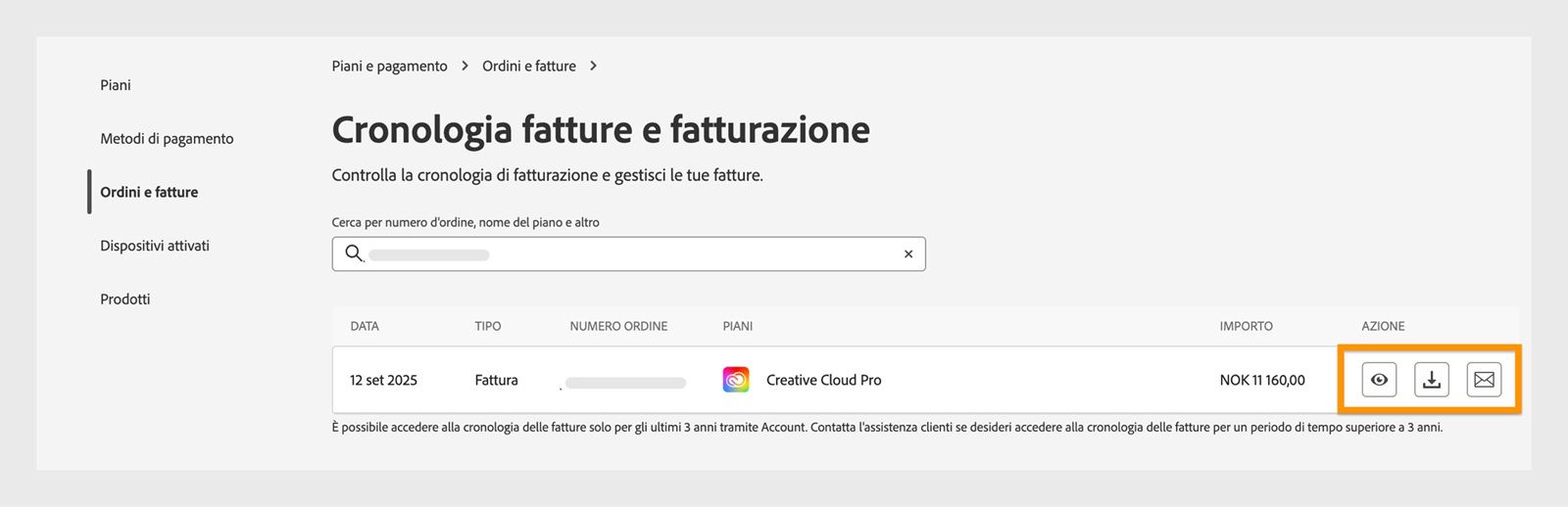 La finestra Cronologia fatture e fatturazione, dove sono evidenziate le icone Visualizza, Scarica e Invia via e-mail, disponibili sotto Azione.