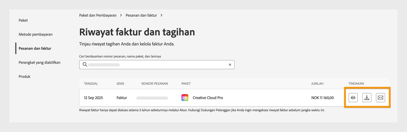 Jendela Riwayat faktur dan penagihan, tempat ikon lihat, unduh, dan email yang tersedia di bawah Tindakan disorot.
