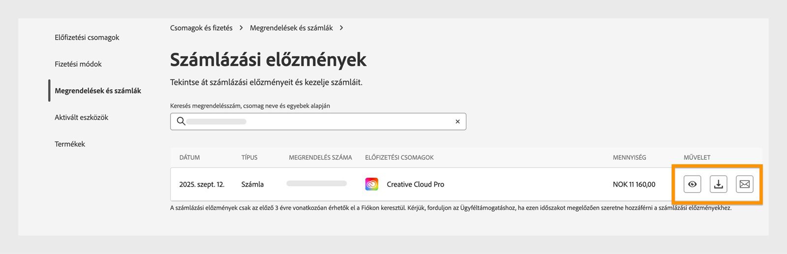 A Számla- és számlázási előzmények ablak, ahol a Művelet alatt elérhető megtekintés, letöltés és e-mail ikonok ki vannak emelve.