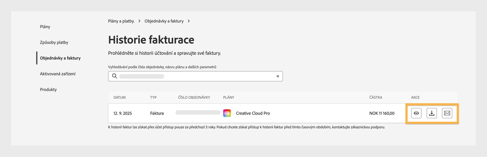 Okno Historie faktur a fakturace, kde jsou zvýrazněny ikony zobrazení, stažení a odeslání e-mailem dostupné v části Akce.