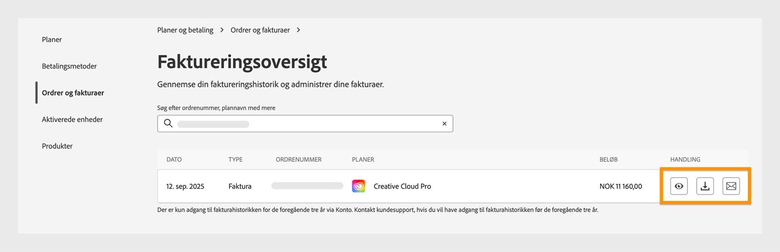 Vinduet Faktura- og faktureringshistorik, hvor ikonerne vis, download og e-mail, der er tilgængelige under Handling, er fremhævet.