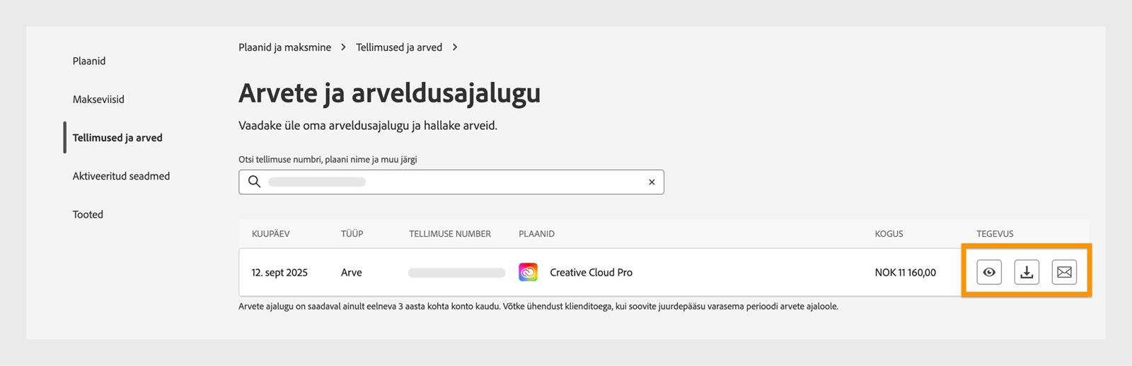 Arve- ja arveldusajaloo aken, kus on esiletõstetud vaatamise, allalaadimise ja e-posti ikoonid, mis on saadaval jaotises Tegevus.