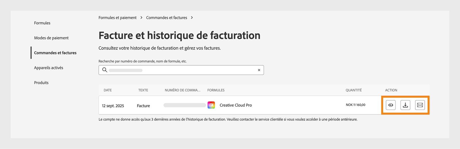 La fenêtre Facture et historique de facturation, où les icônes d’affichage, de téléchargement et d’envoi par e-mail, disponibles sous Action, sont mises en évidence.