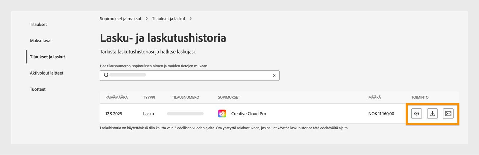 Lasku- ja laskutushistoria -ikkuna, jossa Toiminto-kohdassa käytettävissä olevat tarkastelu-, lataus- ja sähköpostikuvakkeet on korostettu.