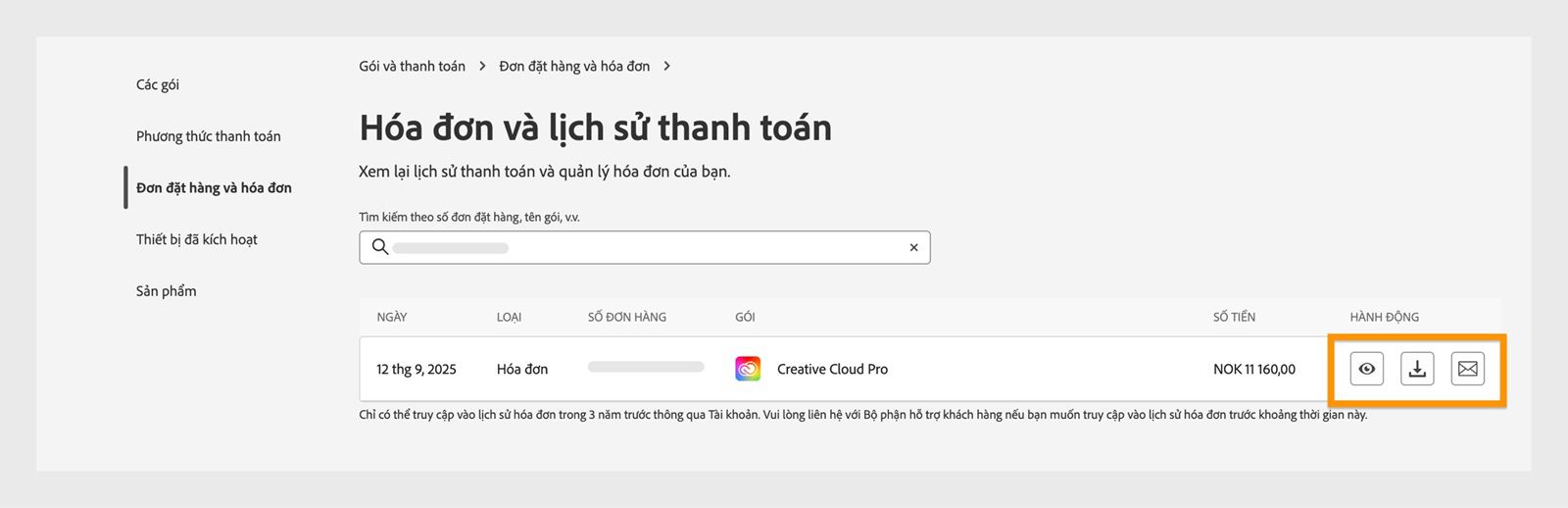 Cửa sổ Lịch sử hóa đơn và thanh toán, nơi các biểu tượng xem, tải xuống và email có sẵn trong phần Hành động được làm nổi bật.