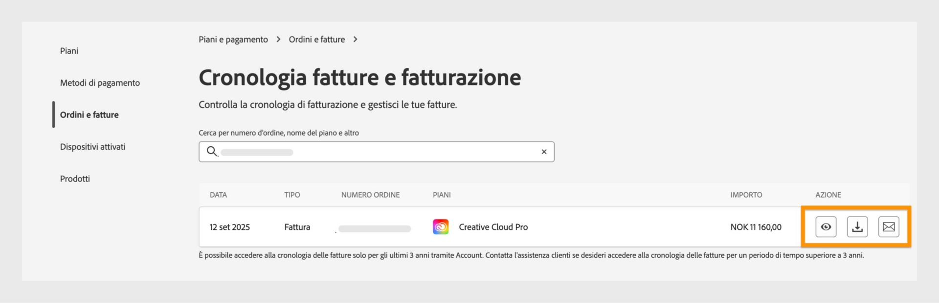 La finestra Cronologia fatture e fatturazione, dove sono evidenziate le icone Visualizza, Scarica e Invia via e-mail, disponibili sotto Azione.
