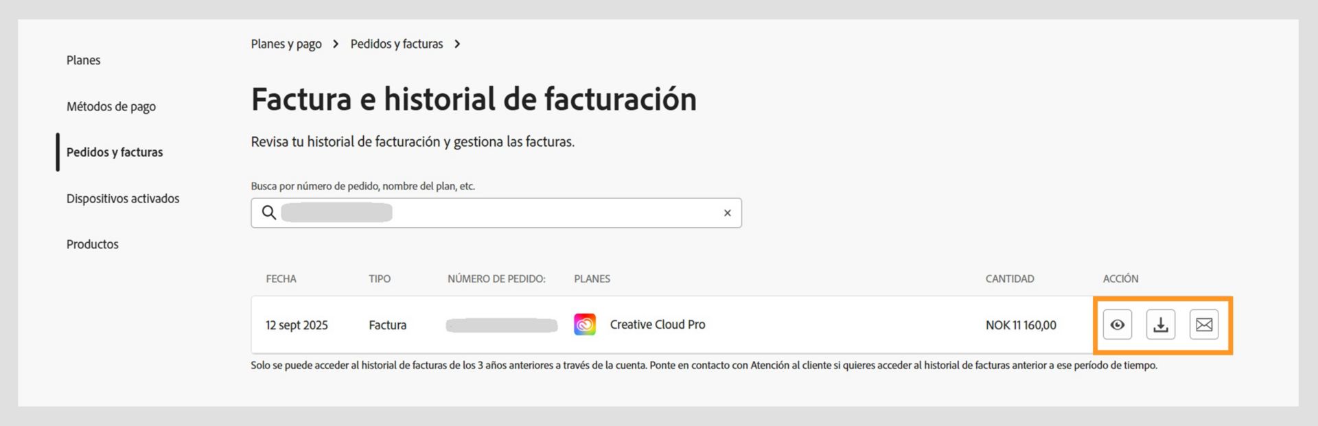 Los iconos de ver, descargar y correo electrónico, disponibles en Acción en el lado derecho de la pantalla, le permiten ver sus facturas, descargarlas o enviarlas a su correo electrónico. 
