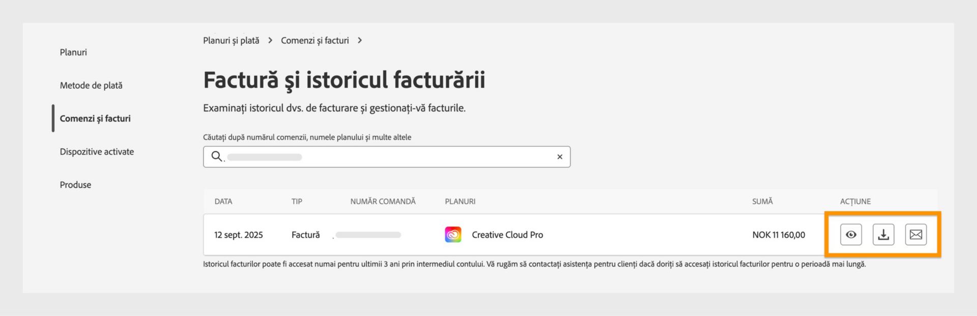 Fereastra Istoric facturi și facturare, unde pictogramele de vizualizare, descărcare și e-mail, disponibile sub Acțiune, sunt evidențiate.
