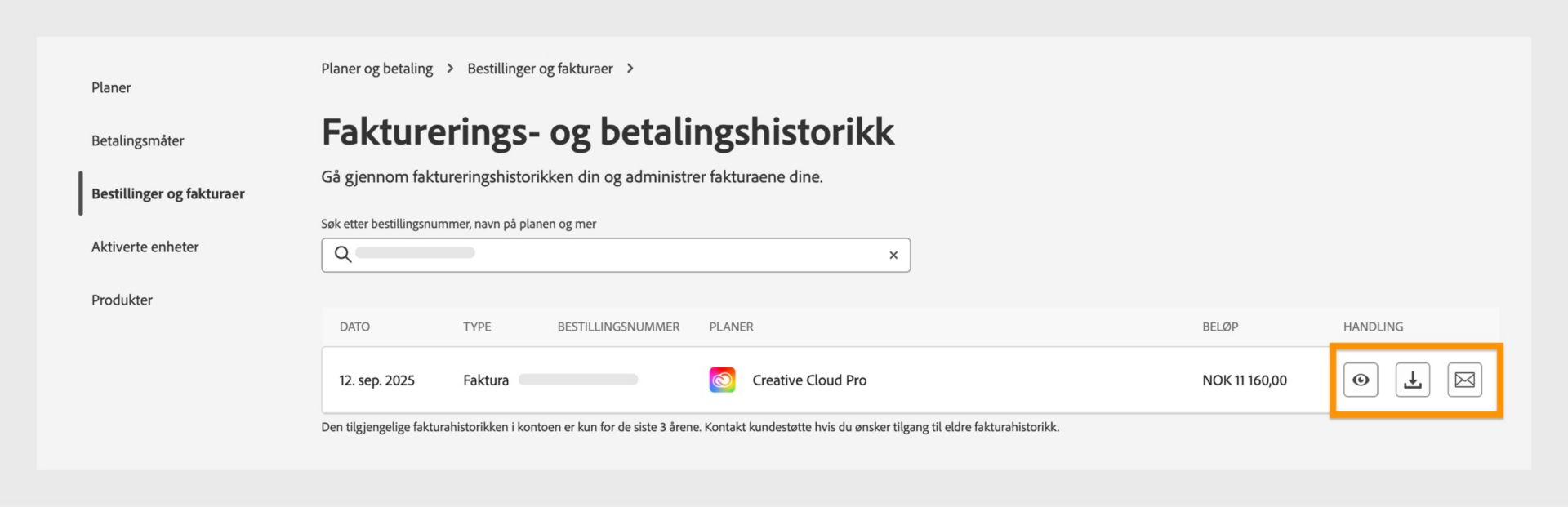 Vinduet Faktura- og fakturahistorikk, der ikonene for visning, nedlasting og e-post, som er tilgjengelige under Handling, er uthevet.