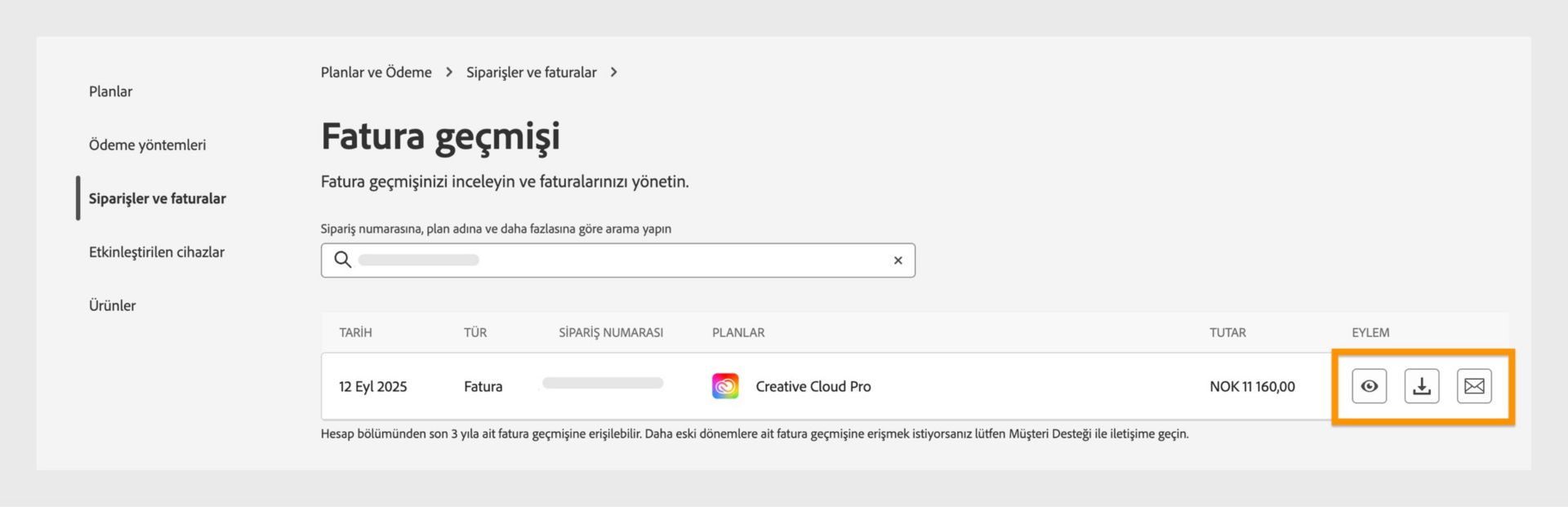 Eylem altında bulunan görüntüleme, indirme ve e-posta simgelerinin vurgulandığı Fatura ve fatura geçmişi penceresi.