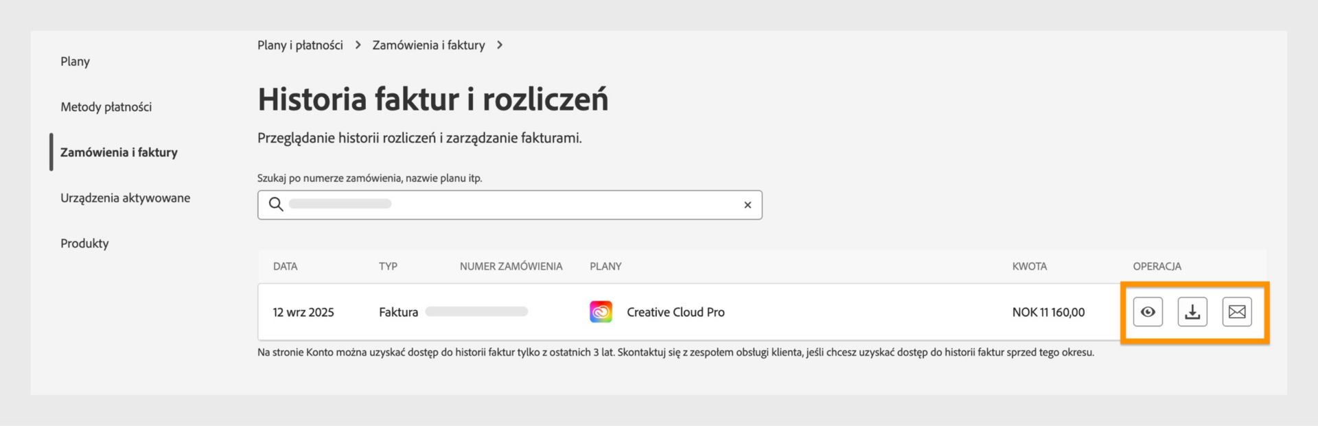 Okno Historia faktur i rozliczeń, w którym wyróżnione są ikony wyświetlania, pobierania i wysyłania e-mailem dostępne w sekcji operacji.