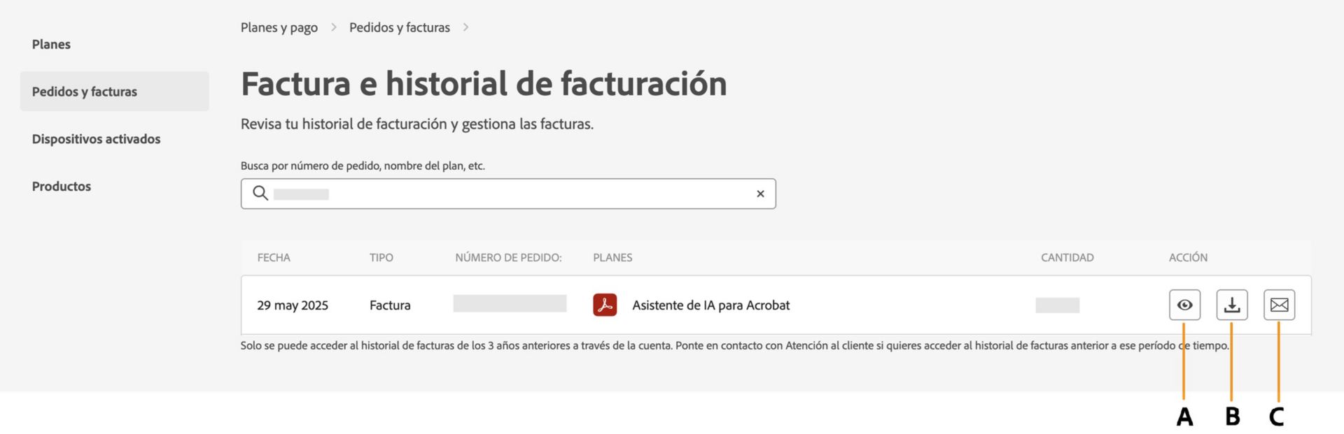 La página Factura e historial de facturación muestra sus facturas con opciones para verlas, descargarlas o recibirlas por correo electrónico. 