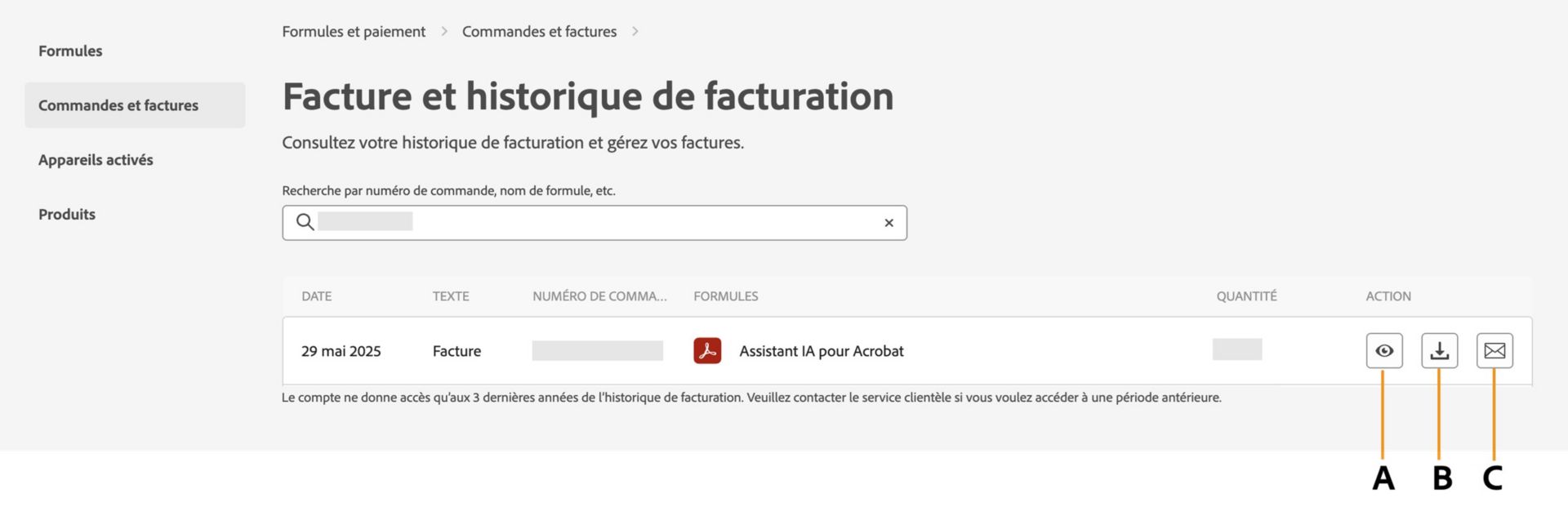 La page Historique de facturation affiche vos factures avec des options pour les afficher, les télécharger ou les recevoir par e-mail. 