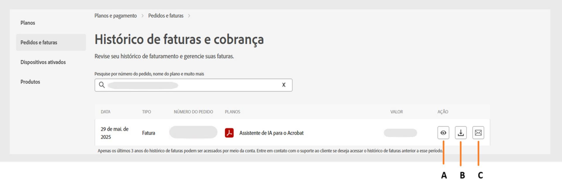 A página Histórico de faturamento e cobrança exibe suas faturas com opções para exibi-las, baixá-las ou recebê-las por email. 