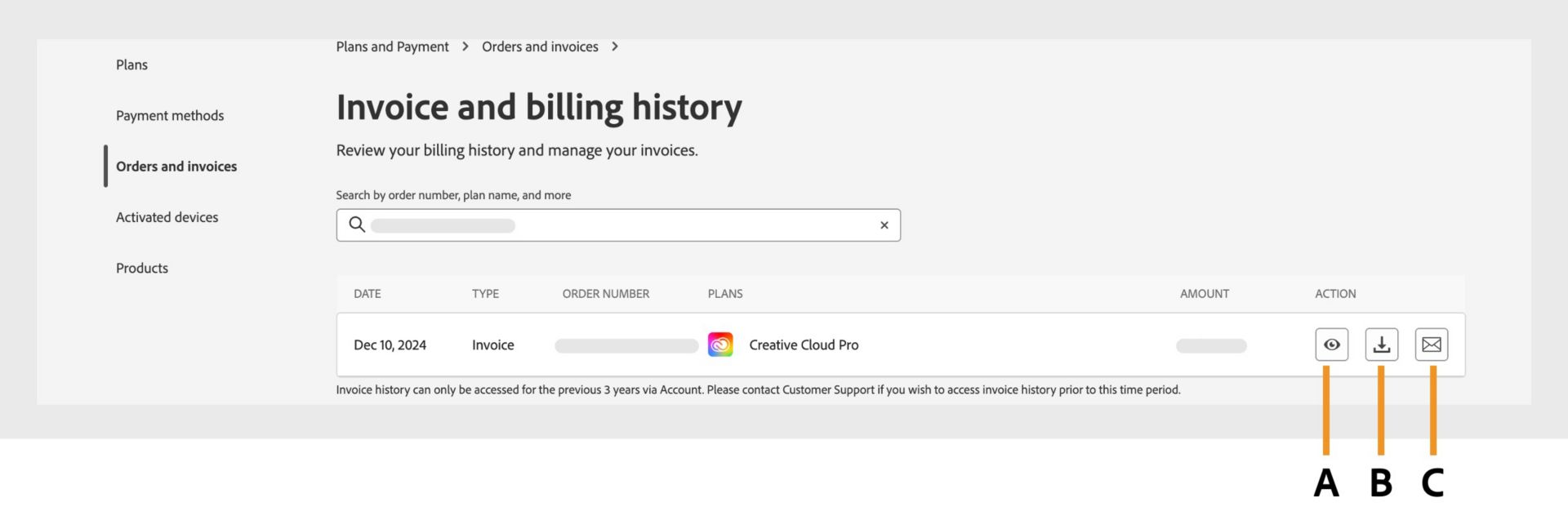The Invoice and billing history page displays your invoices with options to view, download or receive them on email. 
