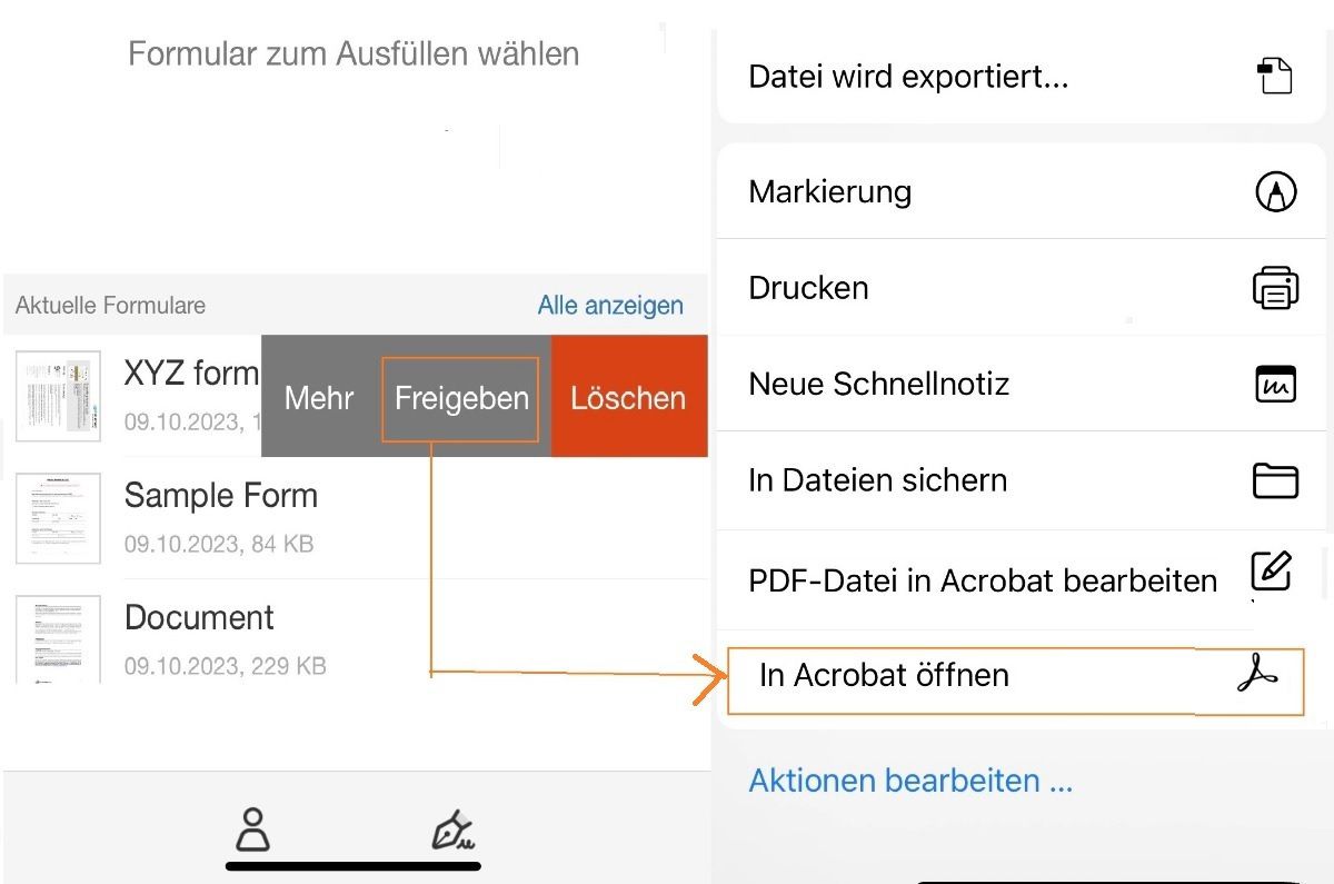 Freigeben von iOS-Dateien „Fill & Sign“ für den Adobe-Cloud-Speicherplatz