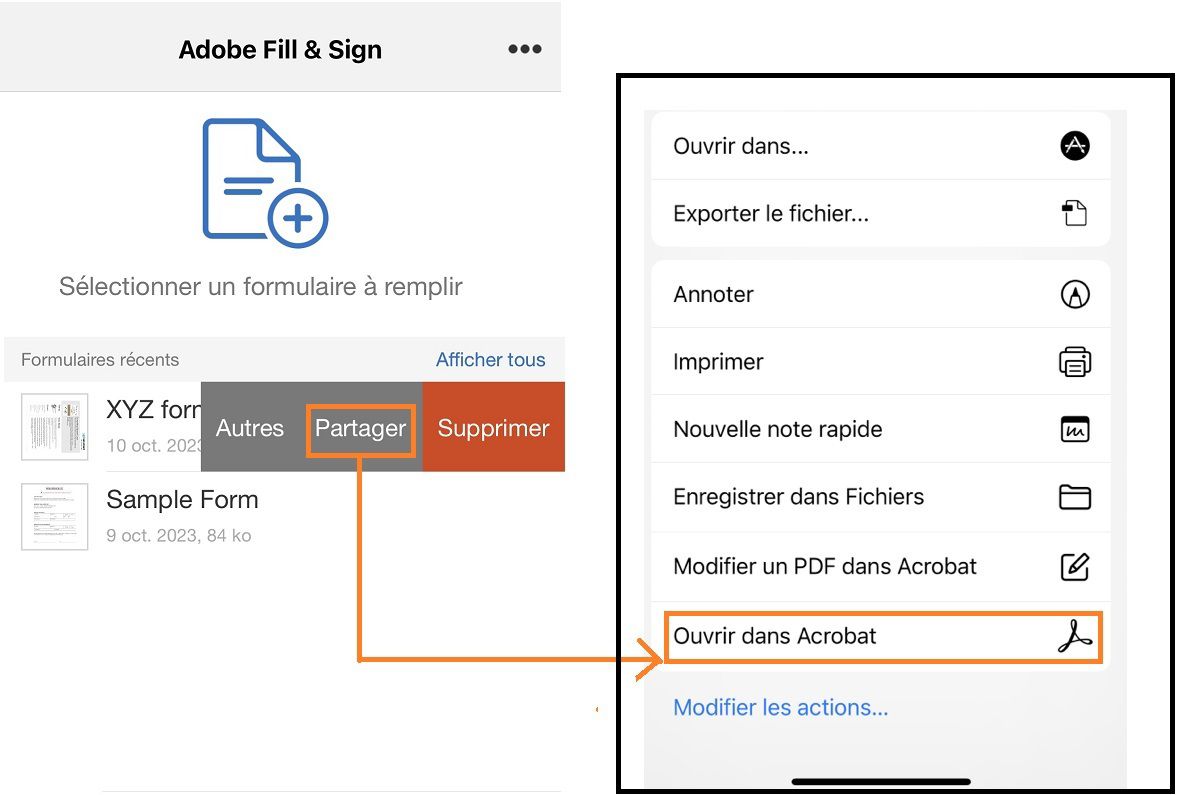 Partagez des fichiers Fill & Sign iOS sur l’espace de stockage Adobe.