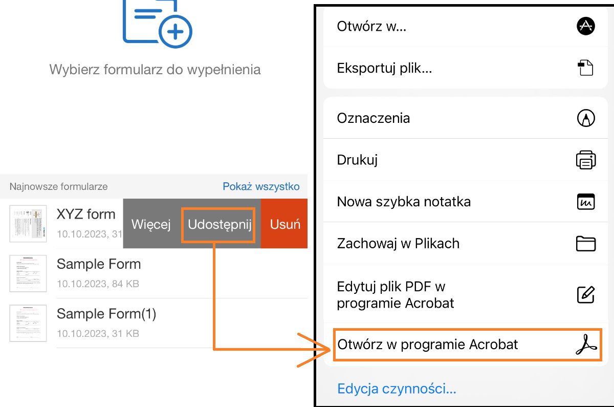 Udostępnij pliki aplikacji Fill & Sign w systemie iOS w pamięci masowej Adobe w chmurze.