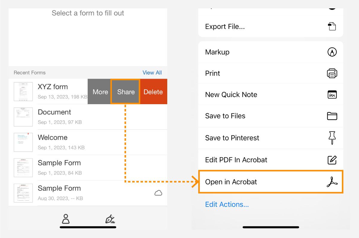 שיתוף מסמכי Fill & Sign ב-iOS לאחסון בענן של Adobe