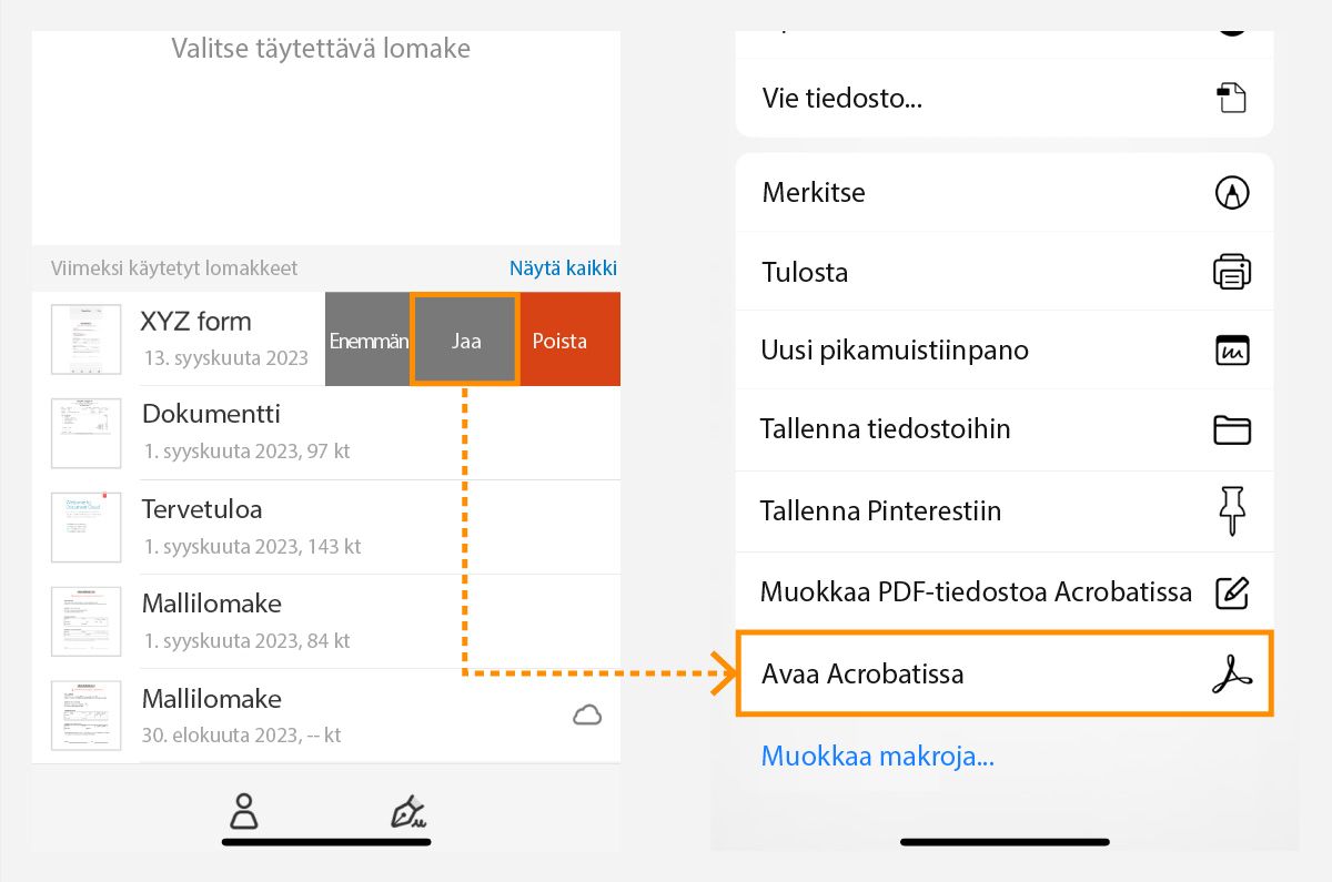 Jaa Täytä ja allekirjoita -iOS-tiedostoja Adoben pilvitallennustilaan.