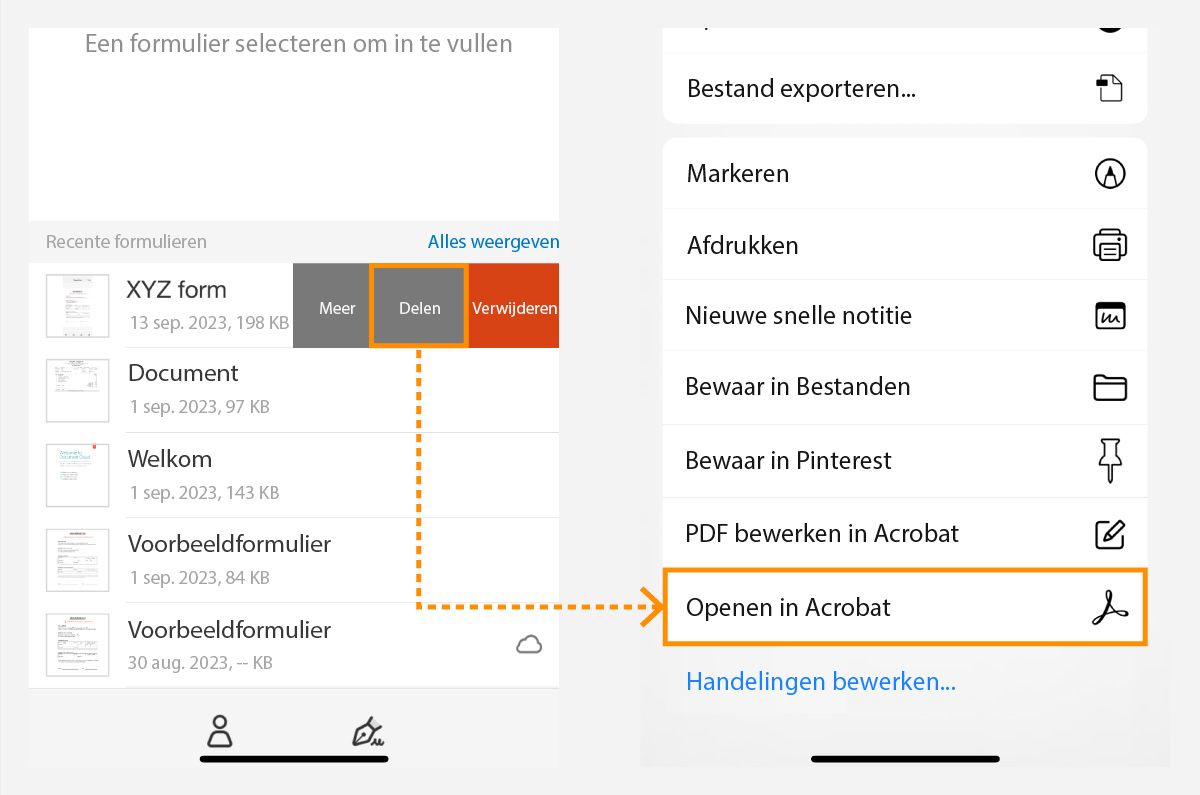 Deel bestanden voor Invullen en ondertekenen met de Adobe-cloudopslag.
