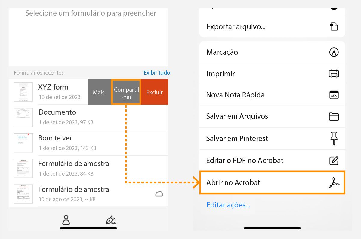 Compartilhamento de arquivos do Fill & Sign para iOS no armazenamento na nuvem da Adobe.