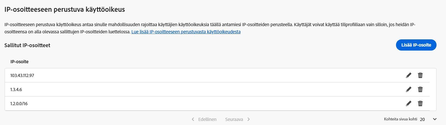 Kuva, jossa näkyy Admin Consolen Todennusasetukset-ikkuna, ja IP-pohjaisen käytön osio on korostettuna. Näyttää Lisää IP-osoite -painikkeen ja luettelon julkisista IP-osoitteista, joiden vieressä on muokkaus- ja poistokuvakkeet.