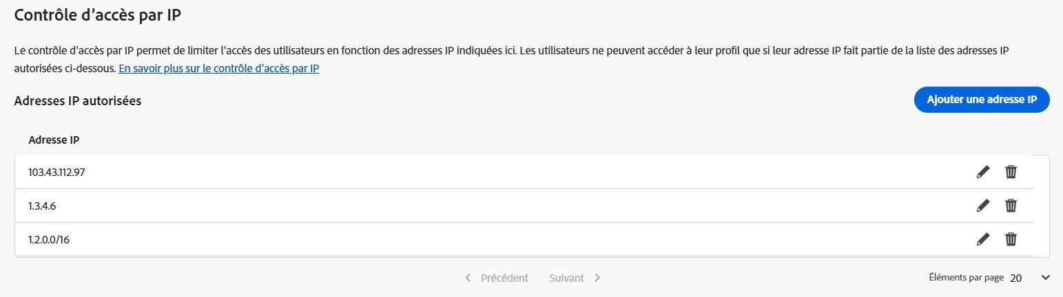 Capture de la fenêtre des paramètres d’authentification dans Admin Console, centrée sur la section des accès basés sur des adresses IP. Affiche un bouton Ajouter une adresse IP et certaines adresses IP publiques répertoriées avec des icônes de modification et de suppression à côté de chacune.