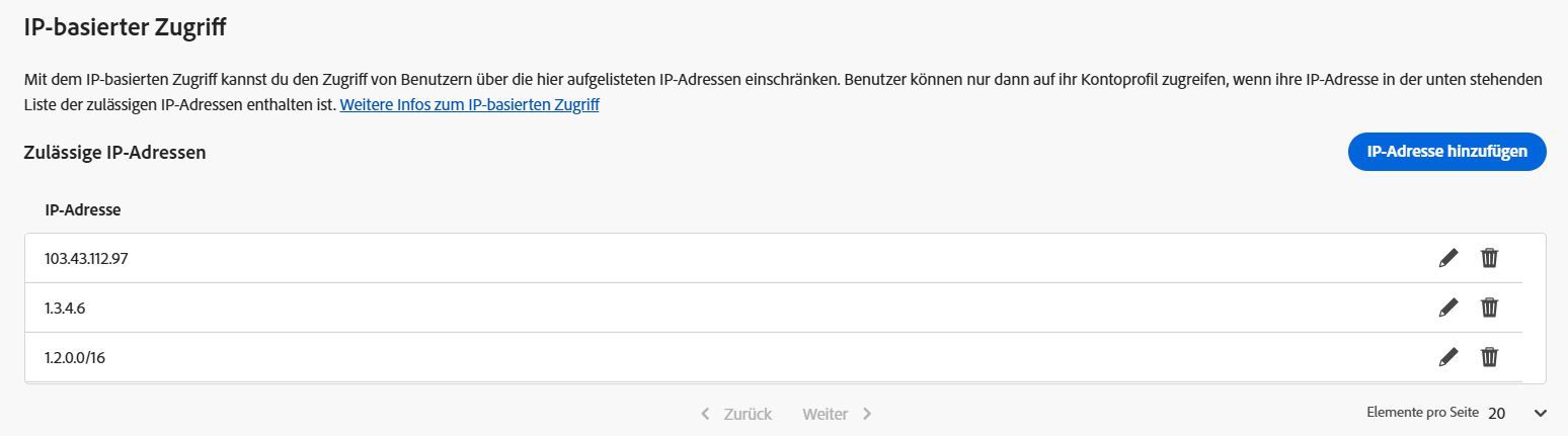 Die Abbildung zeigt das Fenster „Authentifizierungseinstellungen“ in der Admin Console. Der Abschnitt „Standortbasierter Zugriff“ ist hier hervorgehoben. Zeigt einen Button zum Hinzufügen von IP-Adressen und einige öffentliche IP-Adressen an, die mit Bearbeiten- und Entfernen-Symbolen neben jeder Adresse aufgelistet sind.