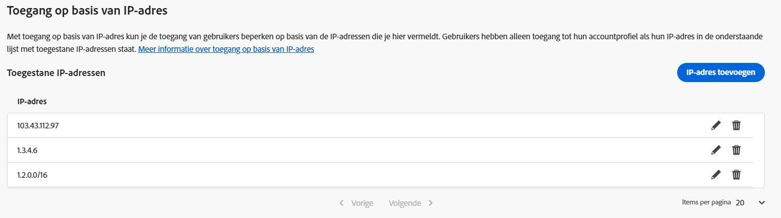 Afbeelding toont het venster Authenticatie-instellingen in Admin Console met focus op de sectie voor toegang op basis van IP-adressen. Geeft een knop IP-adres toevoegen weer en een lijst met openbare IP-adressen, met naast elk adres een pictogram voor bewerken en verwijderen.