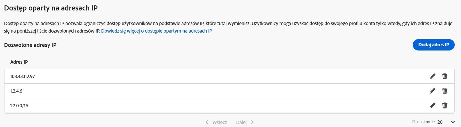 Obraz przedstawia okno Ustawienia uwierzytelniania w Admin Console, koncentrując się na sekcji dostępu opartego na adresach IP. Wyświetla przycisk Dodaj adres IP oraz listę publicznych adresów IP z ikonami edycji i usuwania obok każdego z nich.