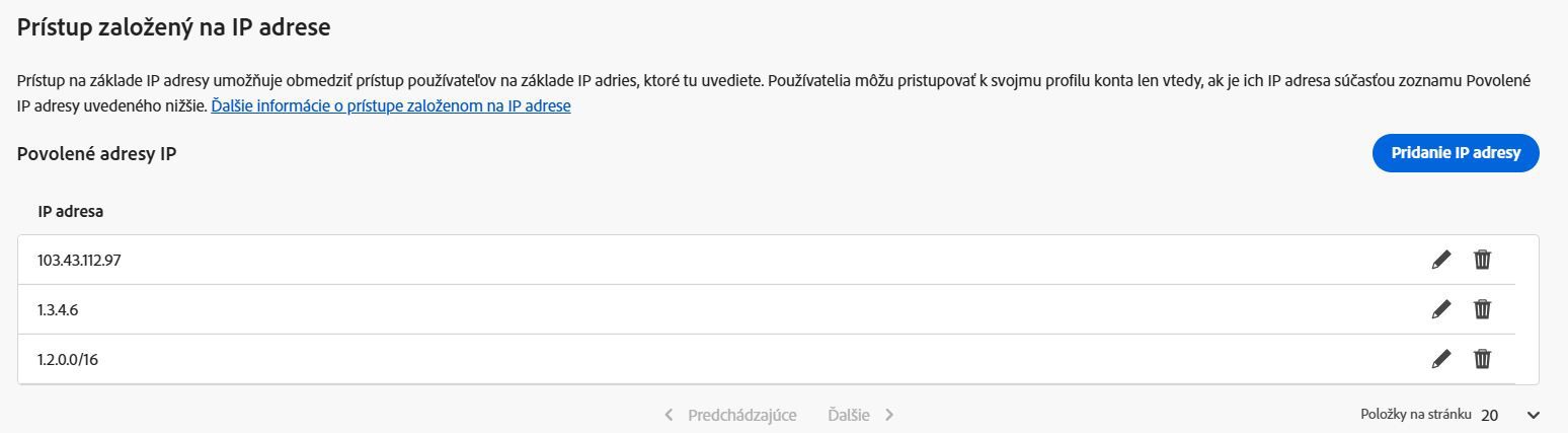 Bilden visar fönstret Autentiseringsinställningar i Admin Console med fokus på avsnittet för IP-baserad åtkomst. Visar en knapp för Lägg till IP-adress och några offentliga IP-adresser listade med redigerings- och borttagningsikoner bredvid var och en.