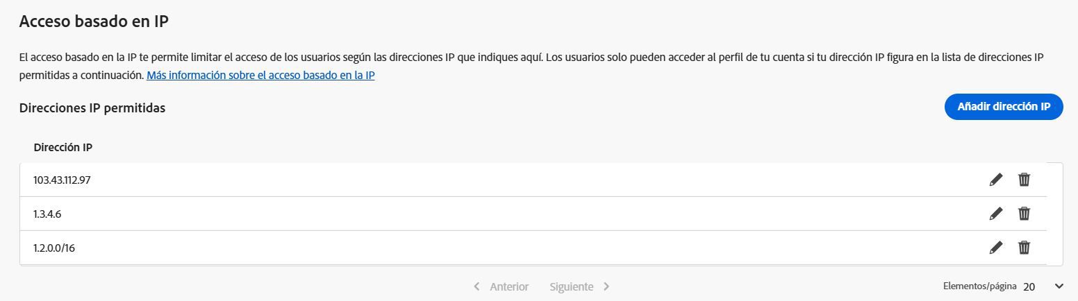 La imagen muestra la ventana de configuración de la autenticación en Admin Console enfocándose en la sección de acceso basado en IP. Muestra el botón Agregar dirección IP y algunas direcciones IP públicas listadas con iconos de editar y eliminar junto a cada una.