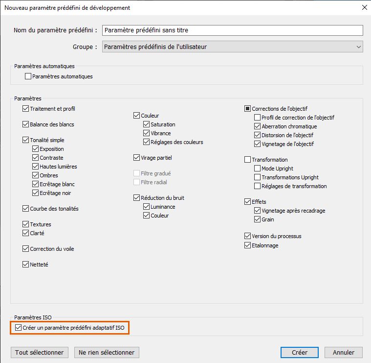 Paramètres prédéfinis adaptatifs ISO dans Lightroom Classic