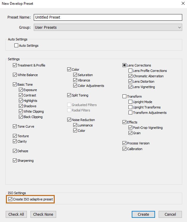 ISO adaptive forhåndsinnstillinger i Lightroom Classic