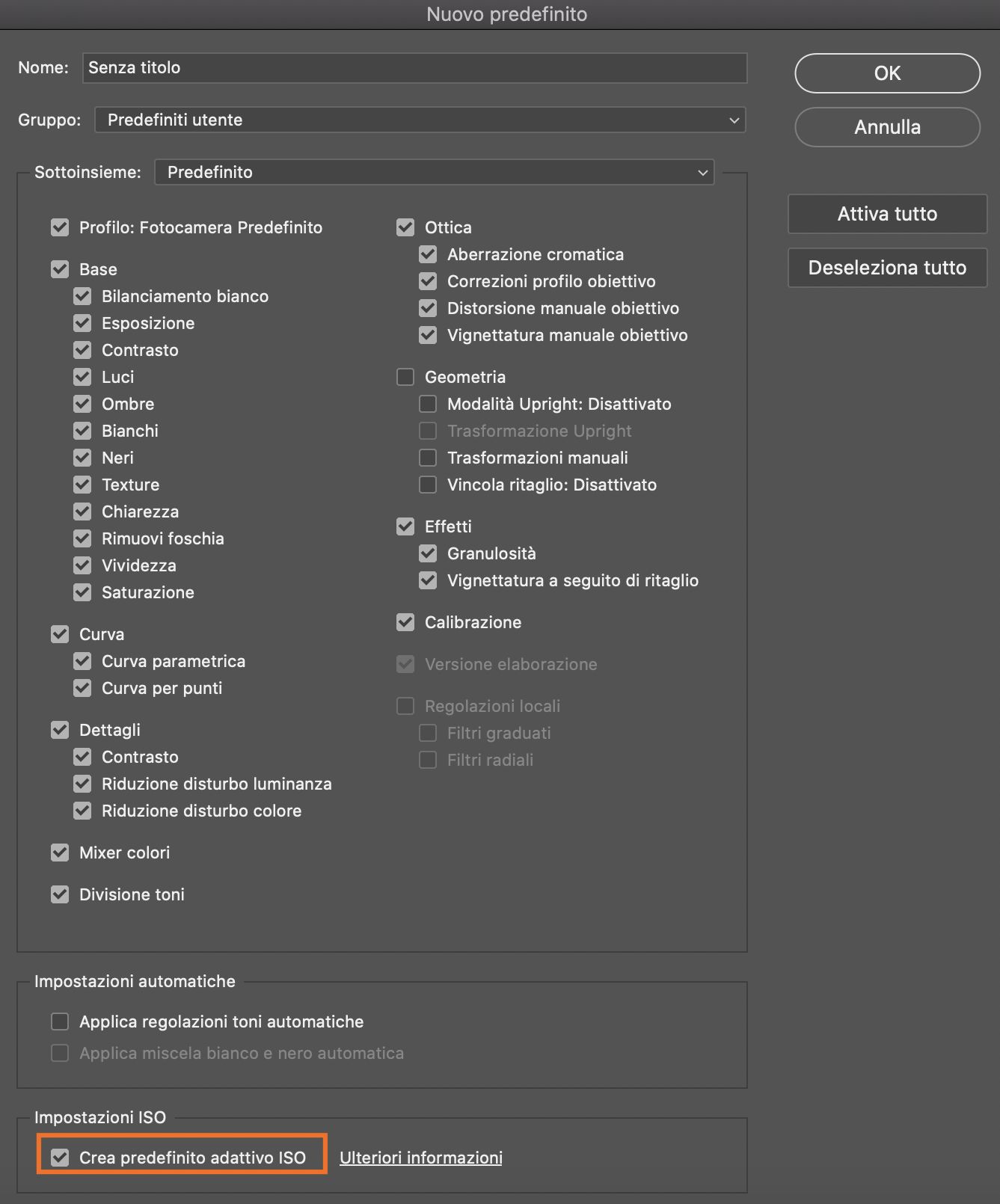 Predefiniti adattativi ISO in Adobe Camera Raw